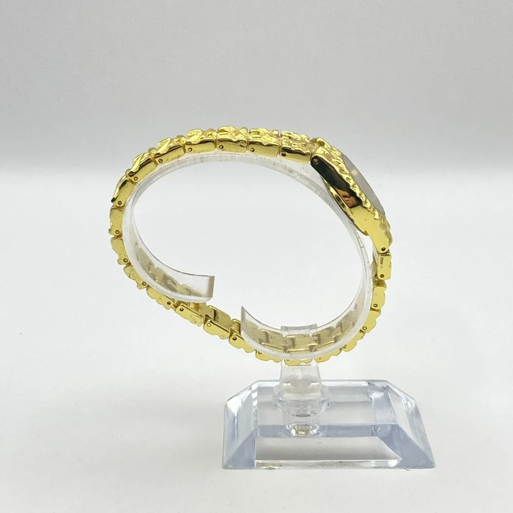 Geneva Womens Watch 24mm Gold Tone Nugget Style Band Black Dial New Battery 7.25